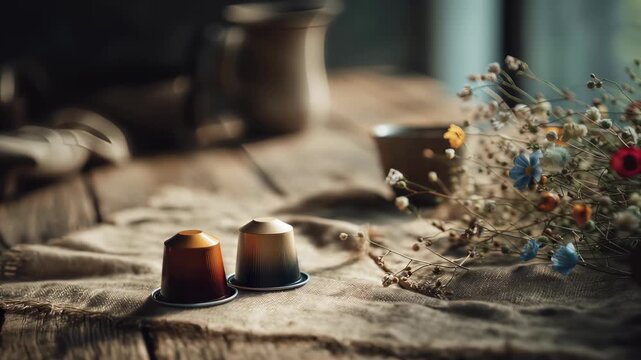 Stylish coffee capsules on a rustic table with natural light, floral accents, and warm tones, highlighting premium quality and modern coffee culture