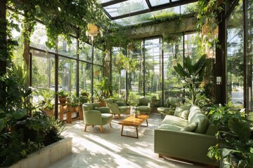 Lush indoor garden room with furniture and natural light for relaxing or events