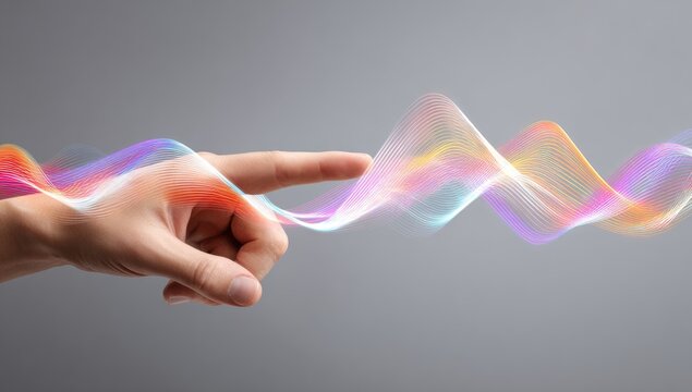 A hand interacts with a vibrant, flowing, multicolored energy wave against a muted gray backdrop.  The wave is translucent and wavy, suggesting digital or energetic interaction