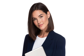 Obraz premium Elegant and confident businesswoman smiles, holding a tablet, isolated on transparent background