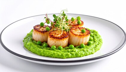 Elegant Seared Scallops with Pea Puree and Microgreens Garnish