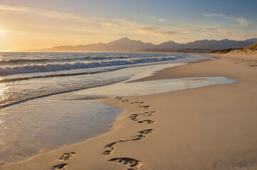 Golden sunset over ocean waves and sandy beach footprints image