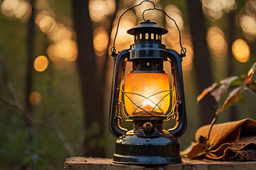 Old fashioned lantern glowing warmly in forest light