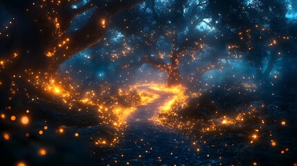 Glowing path through a magical forest