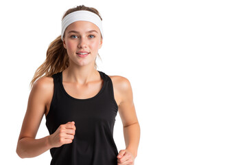 Young woman jogging in sportswear smiles confidently. Healthy lifestyle and fitness concept, isolated on transparent background