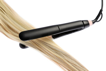 Straightener with blonde hair lock isolated on white