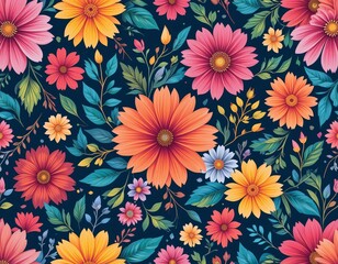Vibrant floral pattern with colorful blossoms and green leaves on a dark background