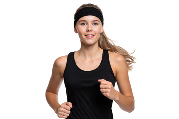 Smiling fit woman jogging in sportswear, healthy lifestyle concept, isolated on white background