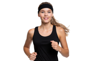 Smiling fit woman jogging in sportswear, healthy lifestyle concept, isolated on white background