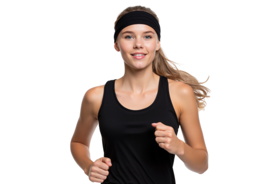 Smiling fit woman jogging in sportswear, healthy lifestyle concept, isolated on white background
