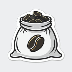 Cartoon illustration of a white bag filled with roasted coffee beans, ready to be brewed.