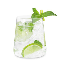Tasty cocktail with lime and ice cubes isolated on white