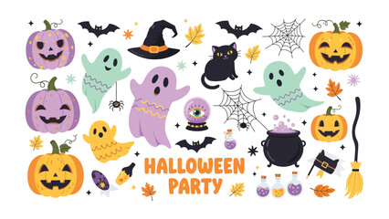 Halloween Party Decorations: A whimsical assortment of spooky yet fun Halloween decorations, featuring grinning pumpkins, playful ghosts, a black cat, and witch's hat.
