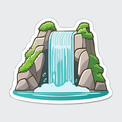 Cartoon illustration of a beautiful waterfall cascading down rocky cliffs into a serene pool of water.