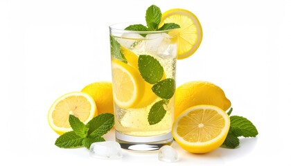 Fototapeta premium Refreshing Lemonade Drink with Mint and Ice on White Background