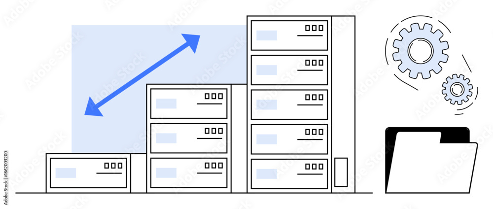 Poster server stacks increasing in size with upward arrow, gears representing processes, and file folder fo