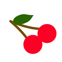 Two ripe red cherries with green leaf isolated on white background