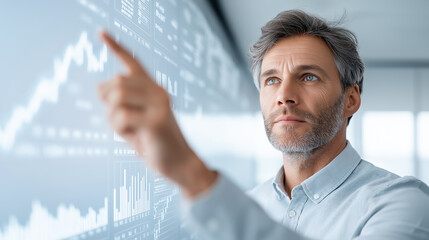 Man at an interactive screen analyzes graphs and statistics. Concept of business analytics, financial forecasting and strategic planning.