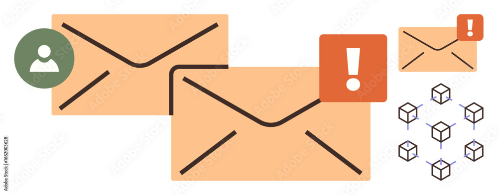 Poster two envelopes with alert icon and user avatar, boxes representing data clusters. ideal for communica