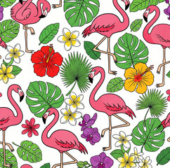 Obraz premium Vibrant Seamless Pattern of Pink Flamingos, Tropical Flowers, and Lush Green Leaves on a White Background.