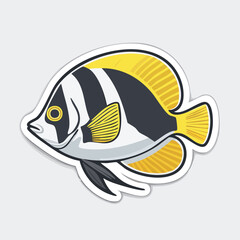 A detailed illustration of a colorful fish, featuring black and white stripes with yellow accents.