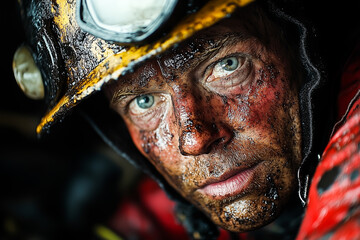 Close-up of a firefighter's soot-covered face after a rescue, exhausted but determined, dramatic lighting, shallow depth of field.