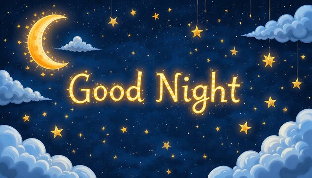 Illustration of serene night sky with glowing crescent moon bright stars and comforting message of