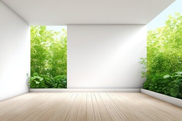 Fototapeta premium Empty white room with light wooden floor and lush green bamboo visible through open spaces