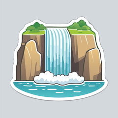 Cartoon illustration of a waterfall cascading down a cliff into a body of water.