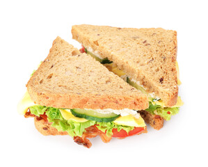 Tasty sandwiches with bacon, cheese and vegetables isolated on white