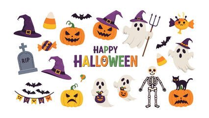 Whimsical Halloween Arrangement: A vibrant ensemble of Halloween icons, including pumpkins, ghosts, bats, and other spooky symbols, arranged in a playful, illustrative manner, radiating festive charm.