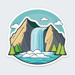 A vibrant illustration of a waterfall cascading down a mountain range with trees.