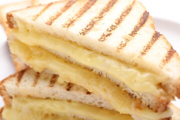 Tasty sandwiches with melted cheese on plate, closeup