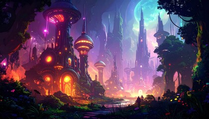 Colorful fantasy landscape with glowing towers.