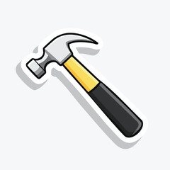 A detailed illustration of a hammer with a black handle and a yellow grip, ready for construction.
