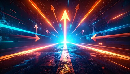 Futuristic arrows in neon digital space