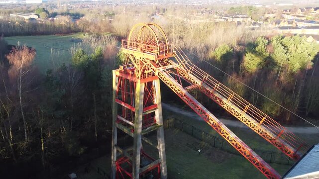Bestwood Colliery, Nottingham, England &ndash; January 2 2023: Drone footage zooms in on the brick headgear building at Bestwood Colliery in Nottingham, England, showing