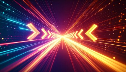 Dynamic neon arrows in motion, vibrant light.