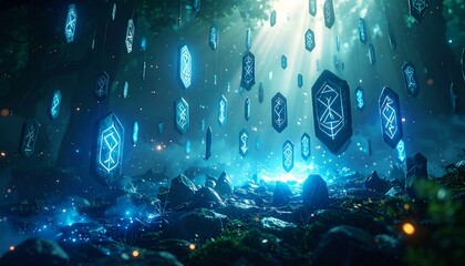 Magical symbols in a mystical illuminated forest.