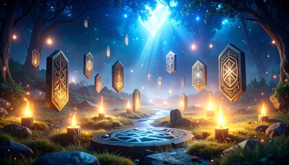 Mystical forest with glowing runes at night