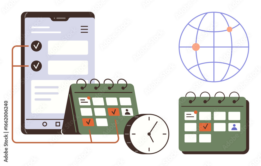Poster smartphone displaying checklist, two desktop calendars, analog clock, and globe with connecting poin