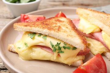 Delicious sandwiches with melted cheese, ham and tomatoes on table, closeup
