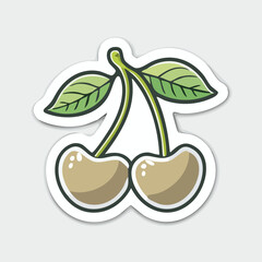 A sticker featuring two cherries with green stems and leaves, a simple cartoon illustration.