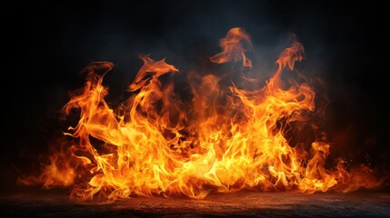 Fototapeta premium Intense bright orange and yellow flames with smoke rising against a dark background