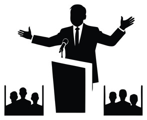 Speaker addressing audience from podium silhouette vector graphic representation illustration for politics business and leadership
