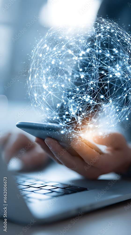 Aufkleber Person holding a smartphone displaying a glowing digital globe with interconnected lines and nodes
