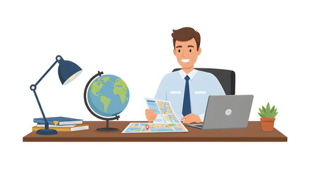 Man planning a travel itinerary at his desk, working on laptop, reading a map, globe, and planning a trip for an upcoming vacation