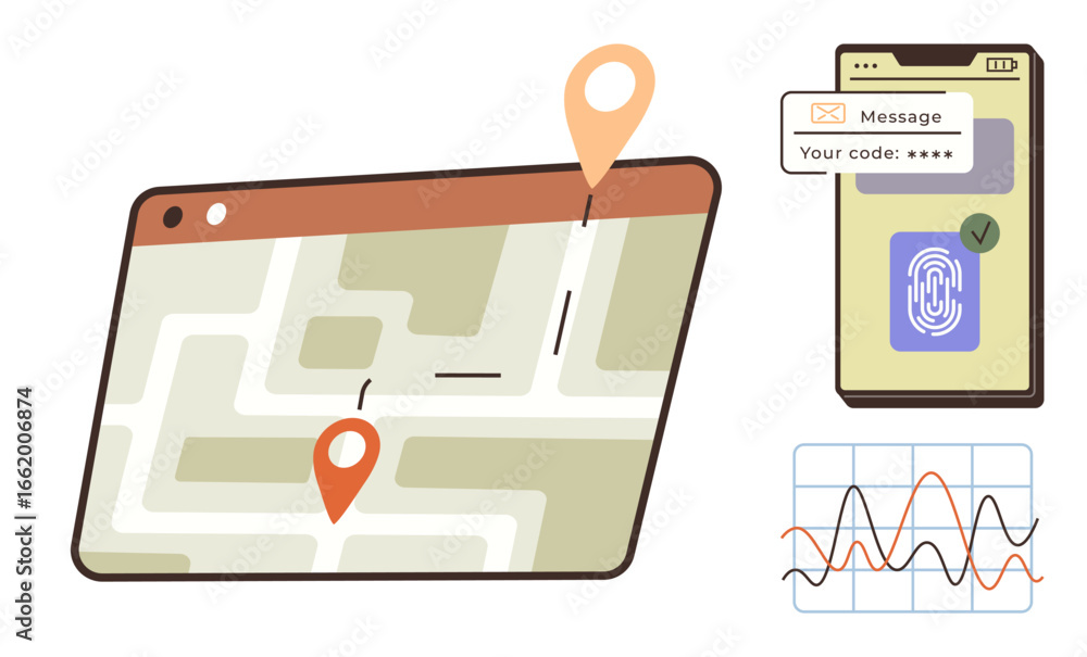 Poster tablet map with location pins, smartphone verifying code and fingerprint, data analytics graph. idea