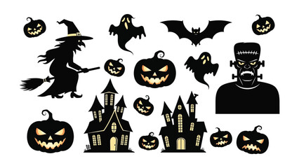 Spooky Halloween Silhouettes: A collection of dark silhouettes showcasing iconic Halloween figures and symbols, evoke a chilling and festive atmosphere.