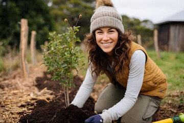 Obraz premium Smiling woman planting a young tree in a garden setting Generative AI